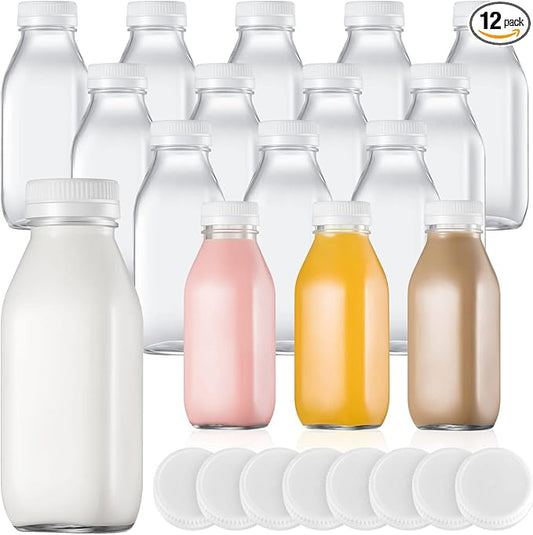 Gerrii 12 Pcs 10 oz Glass Milk Bottles with Lids Milk Container Glass Juice Bottles for Refrigerator with Caps Dairy Drinking Jars Containers for Yogurt,Juice,Cold Beverages and Water