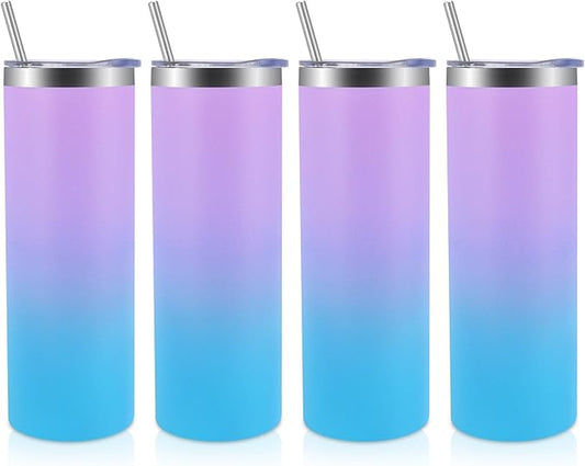 Volhoply 4 Pack Skinny Tumblers with Lid and Straw, 20oz Stainless Steel Straight Tumbler Bulk, Vacuum Insulated Coffee Mug for Home, Office, Travel, DIY (Lavender,4 Pack)