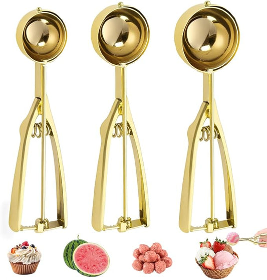 3 Pcs Ice Cream Scoop with Trigger Release, 304 Stainless Steel Cookie Scoops for Baking & Food Prep, Easy to Clean Dishwasher Safe Scooper for Ice Cream, Cookie Dough, Cupcakes, Fruit and Meatballs