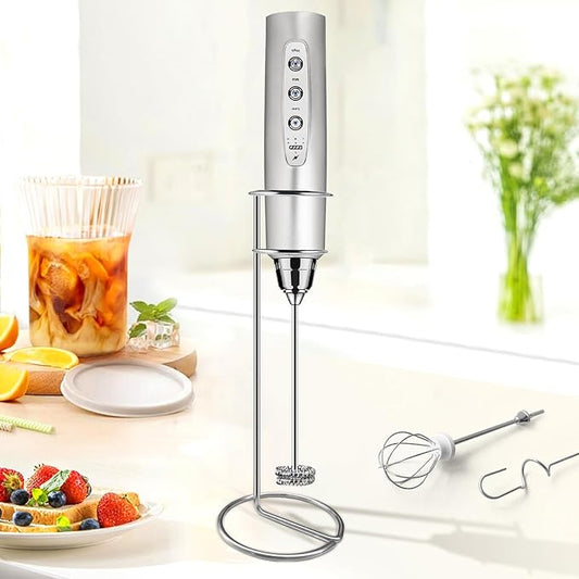 Sakgos Milk Frother with Stand Rechargeable-Handheld Frother Wand with 3 Stainless Whisks 3 Speed Adjustable, Electric Whisk Drink Mixer, Foam Maker Blender for Matcha Latte Cappuccino Chocolate