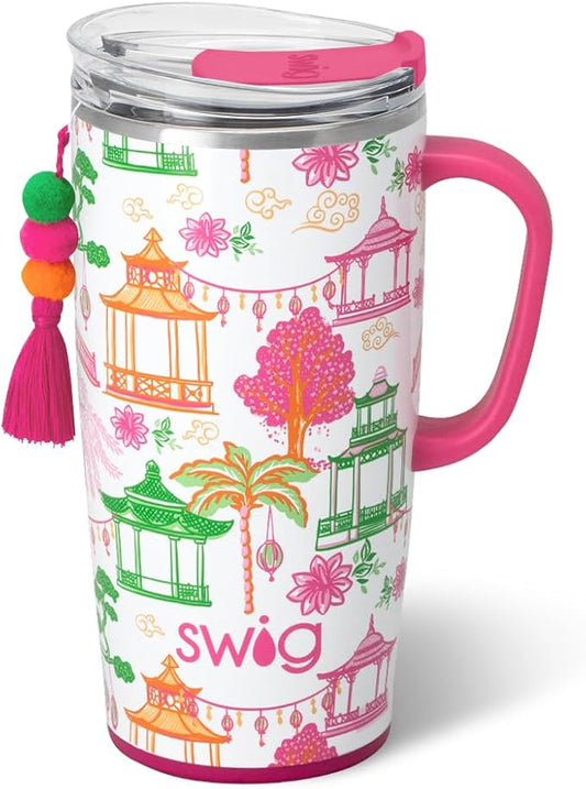 Swig Life 22oz Travel Mug, Insulated Tumbler with Handle and Lid, Travel Coffee Mug, Cup Holder Friendly, Stainless Steel 22 oz Tumbler, Reusable Insulated with Lid (Pagoda Paradise)
