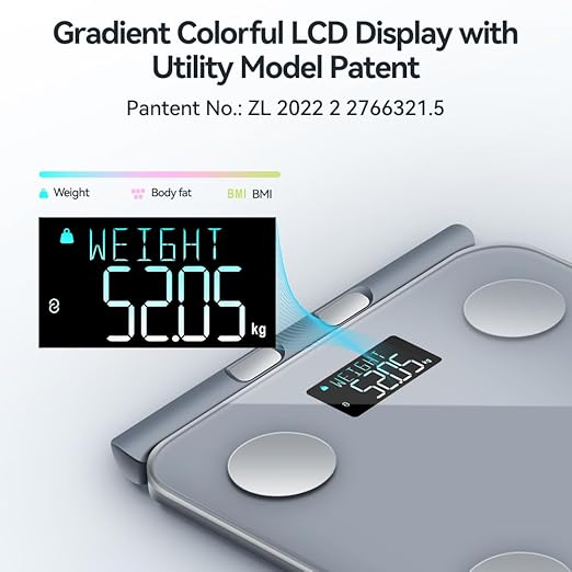 Fitdays Smart Body Fat Scale | Advanced 8-Electrode Technology for BMI/20+ Body Metrics | Full-Color LED & High Precision | Bathroom Weight Scale for Fitness/Weight Loss |(FG2211LB-GREY)
