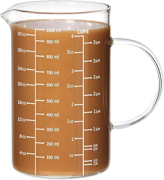 77L Glass Measuring Cup, [Insulated handle, V-Shaped Spout], High Borosilicate Glass Measuring Cup for Kitchen or Restaurant, Easy To Read, 1000 ML (1 Liter, 4 Cup)