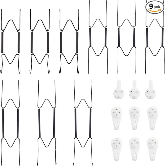 Bilillo 9-Piece Stainless Steel Wall Plate Hangers, 6/8/10 Inch Invisible Decorative Wire Plate Holders with 9 Pieces Wall Hooks for 6 to 11 Inch (Black)