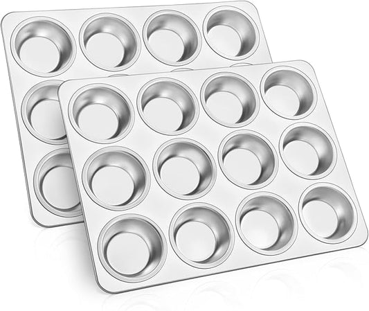 TeamFar 12-Cup Muffin Pan, Stainless Steel Cupcake Pans Muffin Tin Set for Oven Baking Mini Brownies Quiches Tarts, Non Toxic & Regular Size, Dishwasher Safe – Set of 2