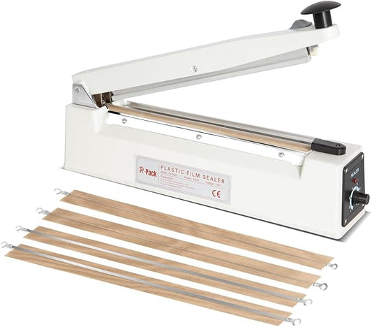 Impulse Heat Sealer with Sealing Bar: Heavy-Duty Bag Sealer with Extra Cutting Blade (White, 12-Inch)