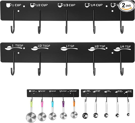 2 Pack Measuring Cups and Spoons Hanging Rack, Measuring Organizer Suitable for Kitchen, Black Cups and Spoons Rack, Including Screw and Adhesive Mounting