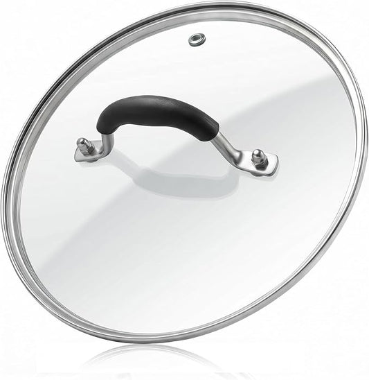12 IN Glass Lid with Black Handle for Frying Pan, Tempered Replacement Cover Compatible for Skillets, Round Cast Iron, Cast Aluminium, Stainless Steel Pans & Pots (297mm-312mm)
