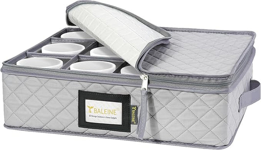 BALEINE China Storage Containers, Sturdy Quilted Wine Glass Storage, Plate Organizer with Carry Handles, Moving Boxes for Dishes, Cups, Mugs and Stemware (Mug Storage, Soft Shell Grey)