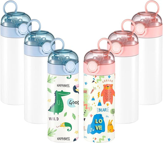 OFFNOVA 12oz Kids Sublimation Water Bottle Blank with One-click Pop-up Straw, Kids Sublimation Tumbler Cups for Boys Girls to School Sports Travel Camping (6 Pack)