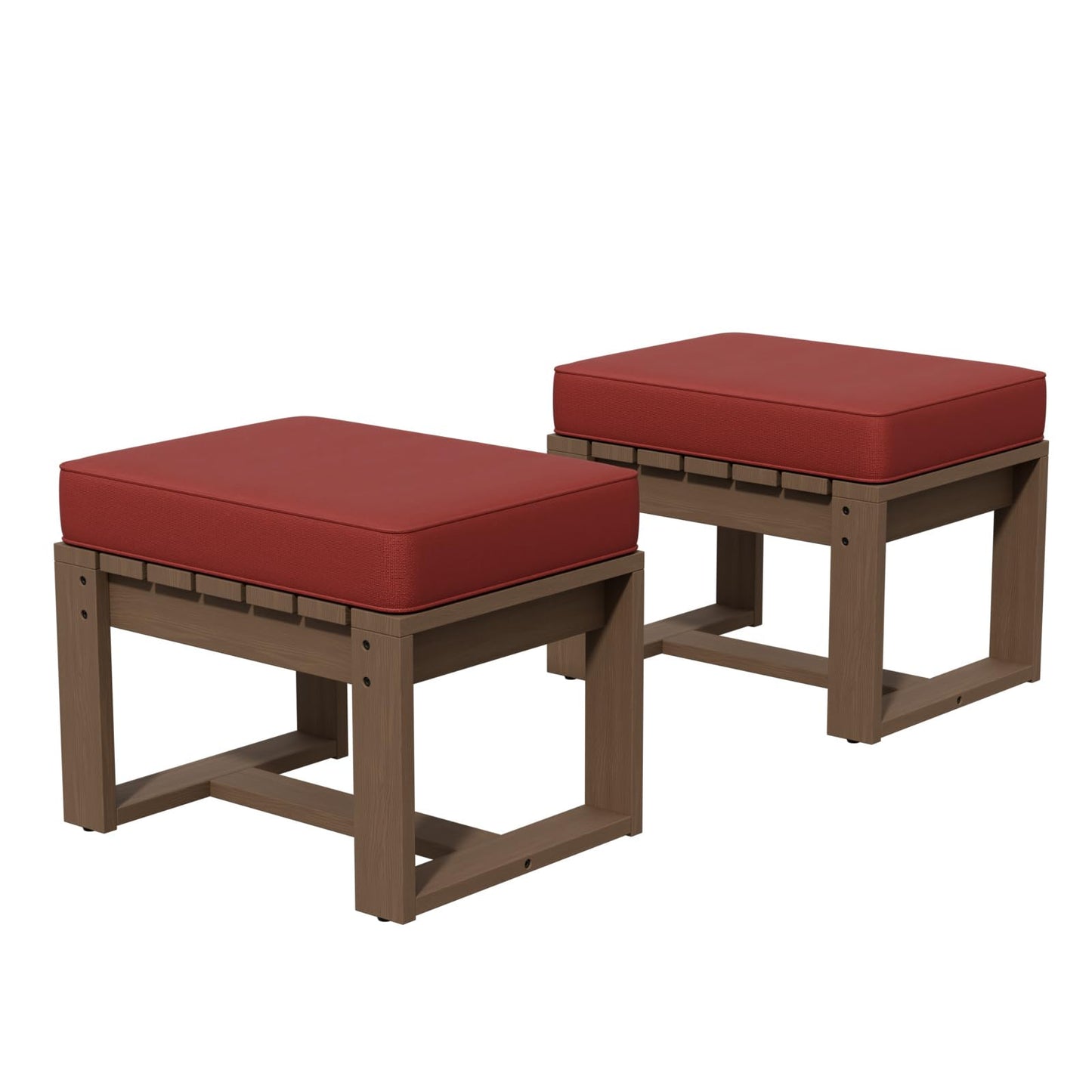 COOS BAY Natural Cedar Outdoor Patio Ottomans with Removable Cushions, Set of 2, Real Wood Footrests for Deck, Porch, Balcony, and Backyard, Brownish/Red