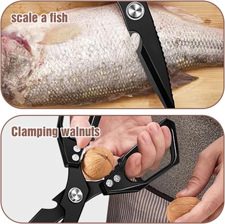 Multifunctional Heavy-Duty Kitchen Shears, Heavy Duty Kitchen Scissors for Food with Ergonomic Handle, High-Carbon Steel Culinary Shears for Chicken, Meat, Seafood, Bone Cutting (Long Black)