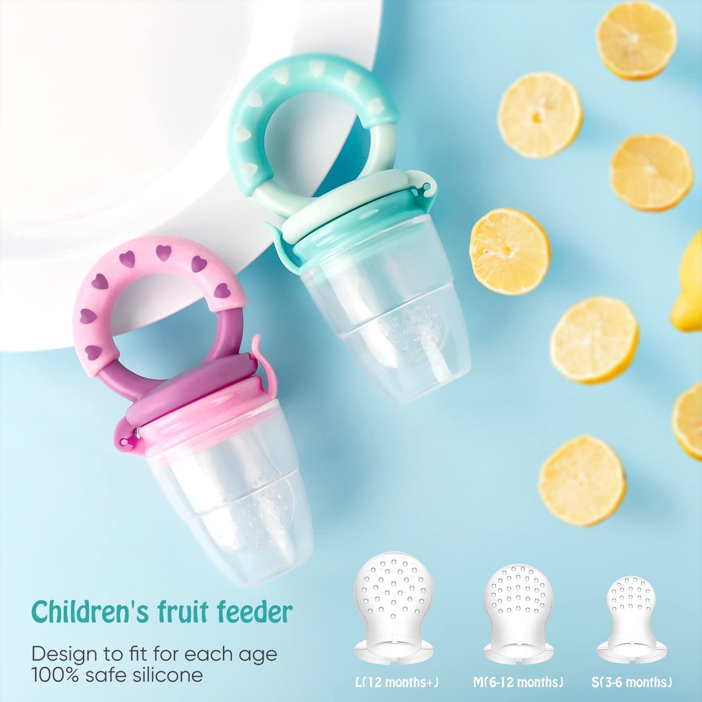 Baby Solids/Frozen Fruit Feeder Pacifier, Infant Teether Toy 4M+, BPA-Free Silicone Pouch & Nipple, Safely Introduce Solids, Teething Relief, 2-Pack (Ring - Purple Mint Green, S/M/L)