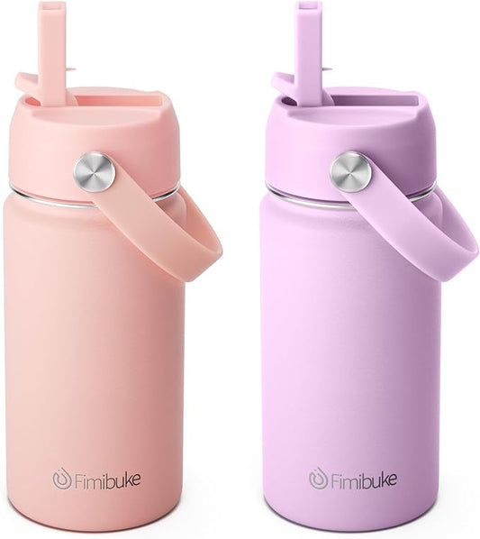 Fimibuke Kids Insulated Water Bottle, 14oz BPA FREE Double Wall Vacuum Tumbler 18/8 Stainless Steel Leak Proof Kids Cups with Straw Metal Water Bottle for School Boys Girls (2 Pack, Milky Pastel)