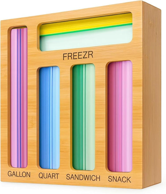 Bag Storage Organizer for Kitchen Drawer, Bamboo Organizer, Compatible with Gallon, Quart, Sandwich and Snack Variety Size Bag (1 Box 5 Slots)