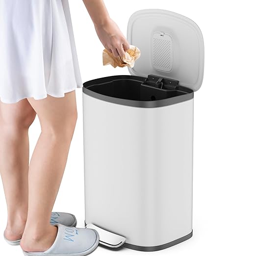 13 Gallon/50L Trash Can with Foot Pedal, Stainless Steel Garbage Can with Soft-Close Lid, Exquisite Oval Cover Garbage Bin Hands-Free for Kitchen, Living Room, Bathroom, Office, Commercial