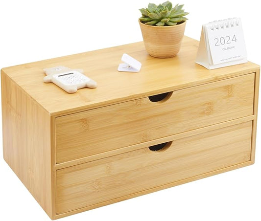 Charmewooden Bamboo Desk Organizer With Drawers Countertop Drawers Counter Storage Box Corner Desk Organizer for Home Office No Assembly Required (2 Drawers)