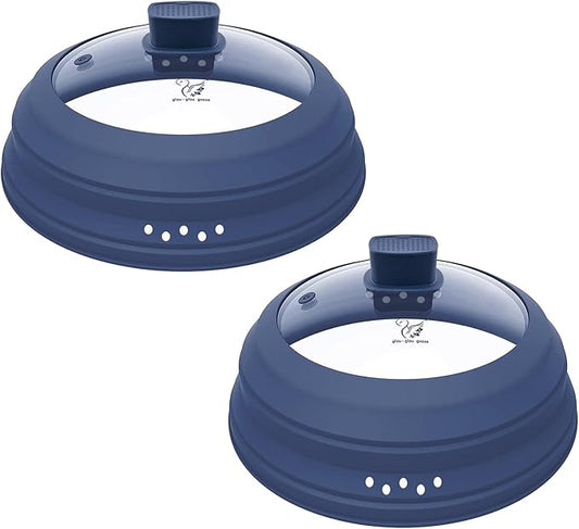 2 Pack Microwave Splatter Cover Glass Guard Lid with Collapsible Silicone for Food Pot Plate 8.5 inch and 9.8 inch Dark Blue, Tall Lid and Standard Size Lid