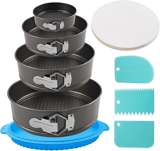 4, 7, 9, 10 Inches Springform Cake Pan Set, Spring Form Pans for Cheesecake, Nonstick Round Baking Pan Set with Silicone Protector, Parchment Paper, Icing Scrapers