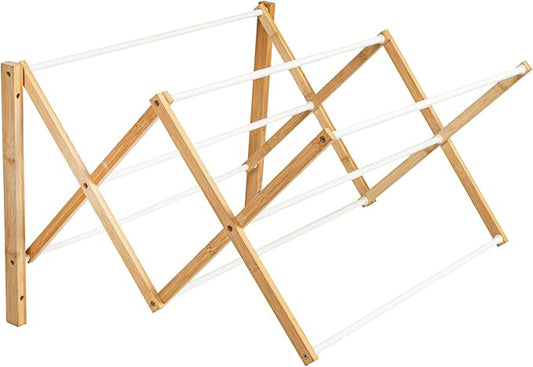 Household Essentials Bamboo and Metal Wall Mount Extendable Drying Rack, Compact Upscale Laundry Rack with 8 Dowels, White