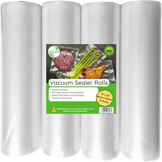 EverFresh 11" x 25' Vacuum Sealer Rolls, 4 Pack | 15% THICKER Embossing | Compatible with FoodSaver Machines, BPA Free, Commercial Grade Food Sealer Bags