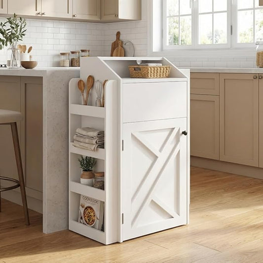 Trash Bin Cabinet, 10-Gallon Freestanding Waste Bin with Flip Door and Storage Rack, Indoor Wooden Hidden Garbage Cabinet, for Kitchen, Dinning, White