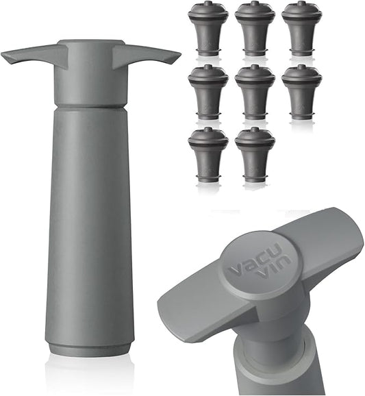Vacu Vin Wine Saver Pump Gray with Vacuum Wine Stopper - Keep Your Wine Fresh for up to 10 Days - 1 Pump 8 Stoppers - Reusable - Made in the Netherlands