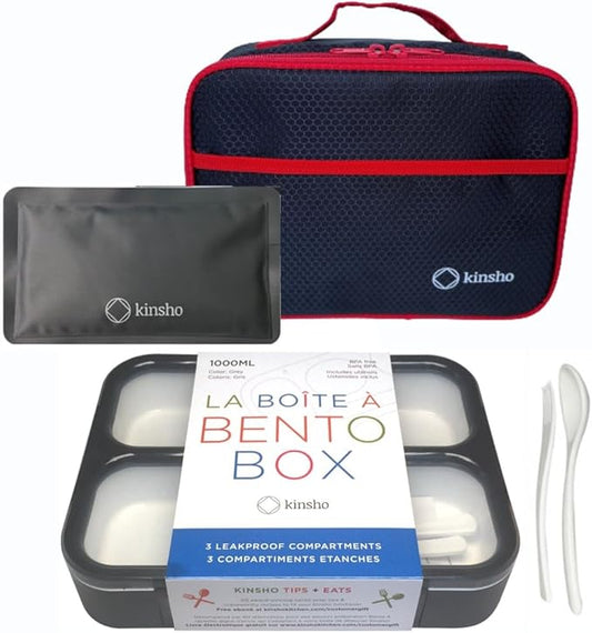 kinsho Lunch Boxes for Kids Boys Teens - Bento Box Set with Insulated Bag and Ice Pack, 3 Compartment Leak Proof Food Container, BPA-Free, Microwave Safe, Ideal for School & Work, Black & Red