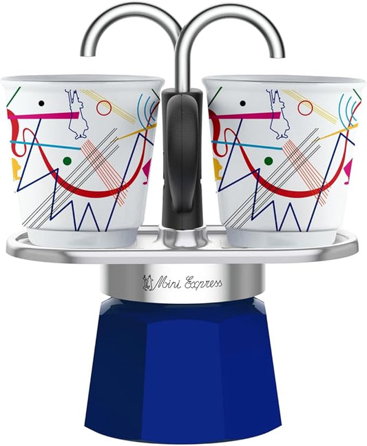 Bialetti - Mini Express Kandinsky: Moka Set includes Coffee Maker 2-Cups (2.8 Oz) + 2 shot glasses, Light Blue, Aluminum