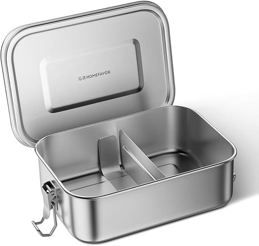 G.a HOMEFAVOR Stainless Steel Bento Lunch Box - Leak-Proof Metal Bento Box, Large Food Container with Lock Clips, Snack Container, Dishwasher Safe, 2 Compartments, 800 ml/27 oz