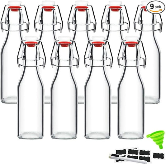 ZEBEIYU Swing Top Glass Bottles 8 oz with Airtight Lids for Home Brewing, Kombucha, Kefir, Vanilla Extract, Beer, Oil, Vinegar, Homemade Juices, Water,Soda Set of 9