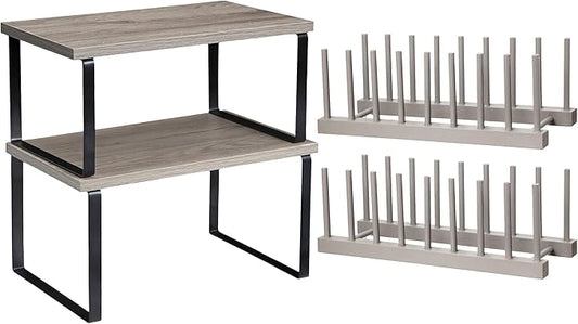Marsui 4 Pcs Kitchen Organizer Accessories Set Cabinet Organizer Shelf and Bamboo Dish Drying Plate Rack Counter Shelves Storage Holder for Spice Rack, Dish, Pot Lid, Bowl, Cup (Gray)