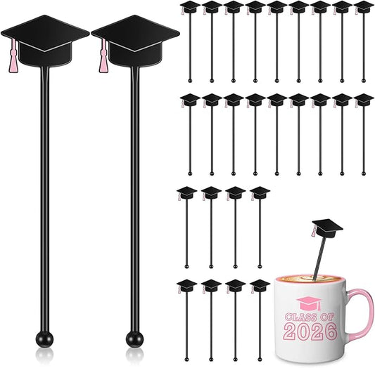 SiliFine 30 Pcs Graduation Cap Drink Stirrers Graduation Stir Sticks Coffee Stirrers Cocktail Mixers Plastic Swizzle Sticks Hot Cocoa Bar Supplies for Party Bar Coffee Tea Favors (Pink)