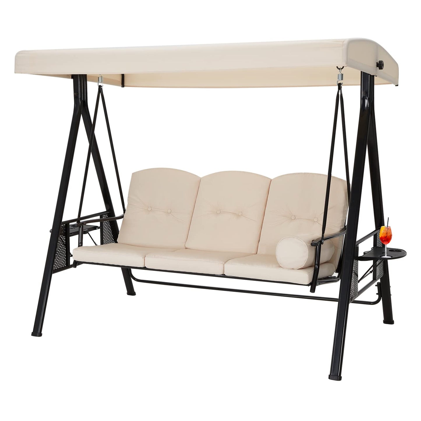 AECOJOY Outdoor Porch Swing, 3-Seat Porch Swing with Adjustable Canopy, Outdoor Swings for Adult with Beige Removable Cushions for Backyard, Garden, Yard, Poolside, Balcony