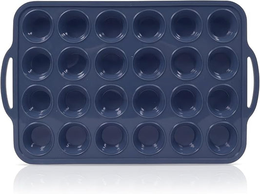 Mini Silicone Muffin Pan with Metal Frame, Non Stick Silicone Cupcake Pan with Handles 24 Cup, BPA Free Silicon Muffin Tin Tray Small for baking, egg bites, Cupcake Mold Grey