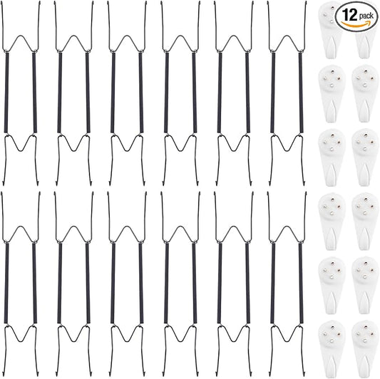 Bilillo 12 Pack Spring Plate Hangers for The Wall, Invisible Heavy Duty Wire Holders with 12 Pcs Wall Hooks, Fit 16"–20" Decorative Plates, Platters, Dishes, Black Stainless Steel