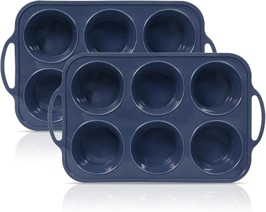 2 Pack Jumbo Silicone Muffin Pan with Metal Frame, Non Stick Silicone Cupcake Pan with Handles 6 Cup, BPA Free Silicon Muffin Tin Tray Extra Large for baking, egg bites, Cupcake Mold Grey