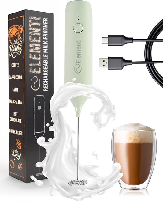 Elementi Rechargeable Milk Frother Wand & Drink Mixer Handheld - Powerful USB-C Rechargeable Frother - Hand Held Milk Foamer Whisk to Make Perfect Cappuccinos, Lattes & Drink Mixes (Mint Green)