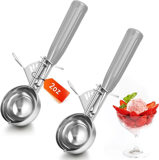 Reallnaive 2 Pcs Release Cookie Scoops Ice Cream Scooper with Trigger Release Portion Scoop Stainless Steel for Portion Control, Baking Food, Cookie Dough (2 oz,Gray)