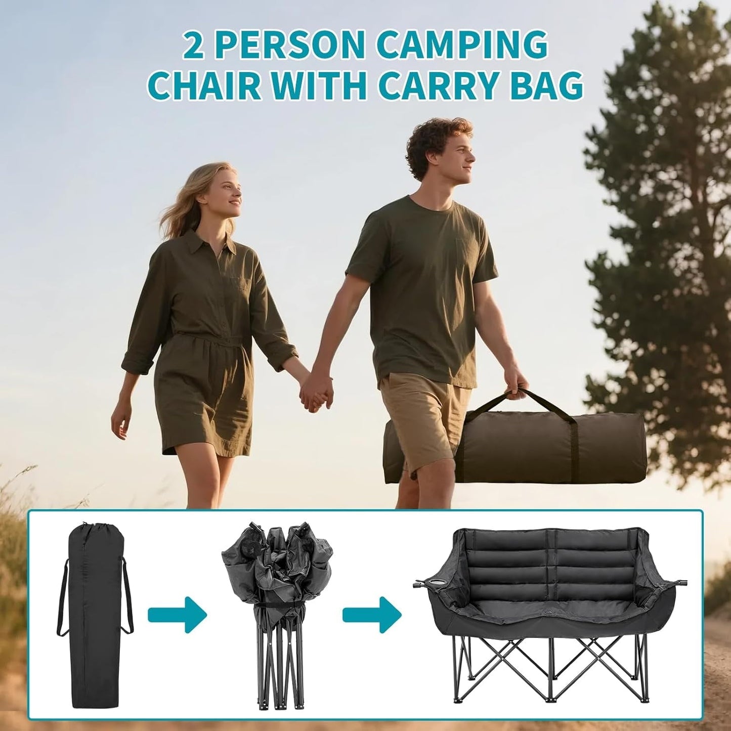 Zikebtuy Double Camping Chair for 2 Person - Oversized Padded Folding Loveseat - Portable Camping Couch Heavy Duty Lawn Chairs for Outdoor Beach - Support 500LBS