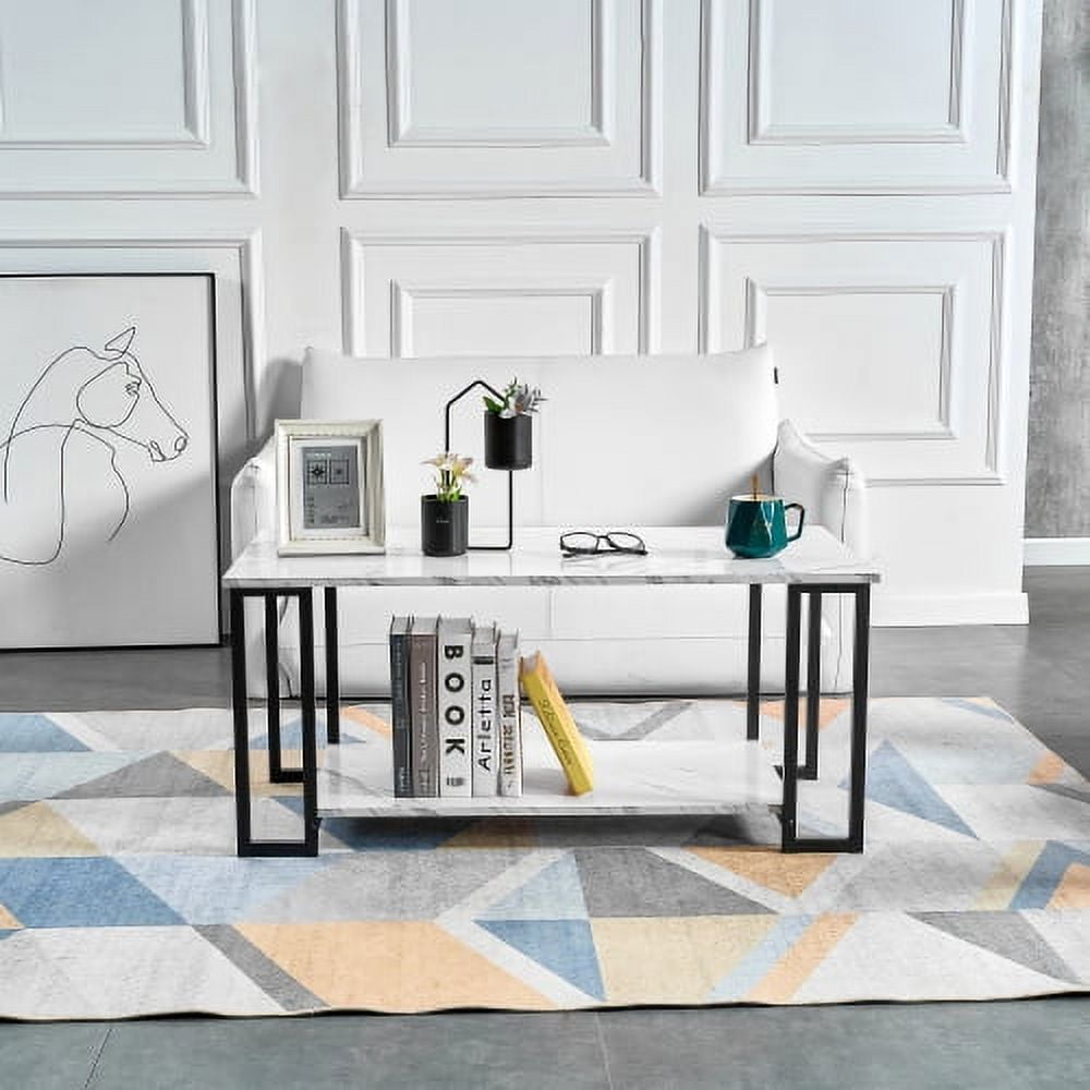 Coffee Table, 2 Layers 1.5Cm Thick Marble Mdf Rectangle 39.37" L Tabletop Iron Coffee Table , Dining Room, Coffee Shop, Resterant, White Top, Black Leg