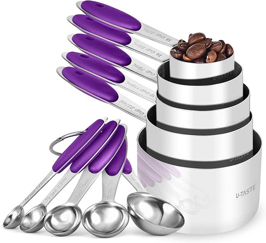 Measuring Cups and Spoons Set: U-Taste 18/8 Stainless Steel 10 Pieces Metal Stacking Kitchen Baking Cooking Food Measure Set 5 Cups 5 Spoons with Strengthened Weld Joints (Purple, Upgraded Version)