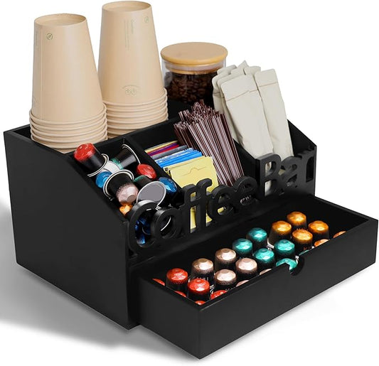 Coffee Bar Organizer for Countertop - Wooden Coffee Organizer Condiment Station, Coffee Station Organizer for Home & Office, K Cup Stand for Counter, Tea Box - Black Drawer Type