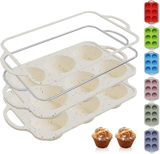 Socisen 2 Packs 6 Cups Silicone Muffin Pan with Metal Reinforced Frame Jumbo Size Cupcake Pan Tray Egg Bites Silicone Circle Cookie Molds Muffin Tin Tart Pans Large Big Baking Sheet Set for Breakfast
