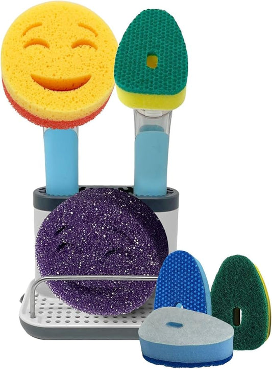 The Original Smiling Handle with Soap Dispensing for Scrub Daddy (Reg. TM) Sponges and Scrub Moji Sponge with Smilyeez Caddy, Dishwand, and 2 Scrub Mojis (Light Blue)