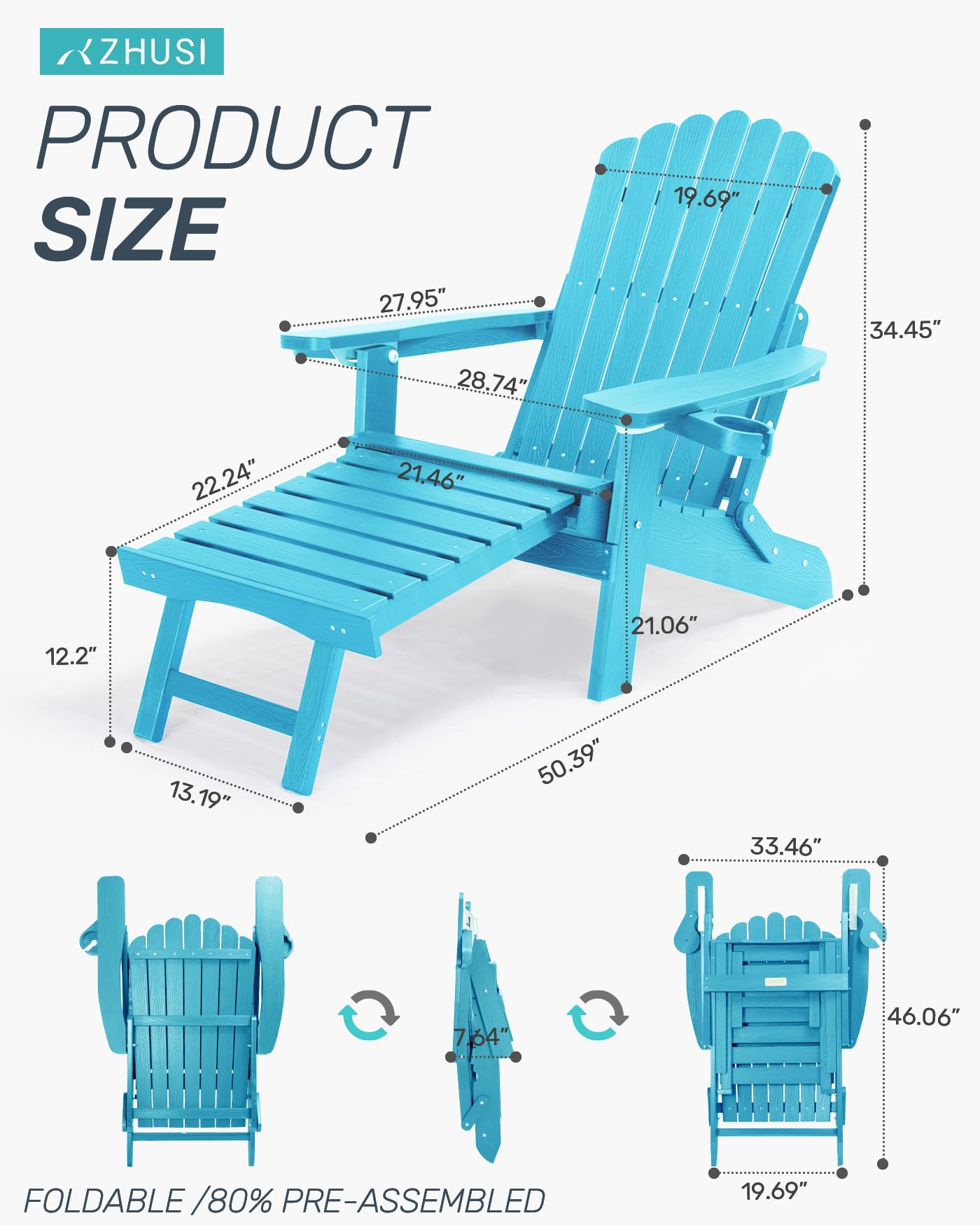 ZHUSI Folding Adirondack Chairs Set of 2 with Retractable Ottoman, Adjustable Adirondack Chair with 2 Cup Holders, Outdoor Chairs for Porch Patio Lawn Balcony Weather Resistant, Lake Blue
