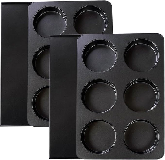 2 Pcs Muffin Pan with Lid, 3.6 Inch Non-Stick 6 Cup Straight English Muffin Top Pan Baking Mold, Hamburger Bun Pan for Baking Egg Sandwich Frittata Cinnamon Roll
