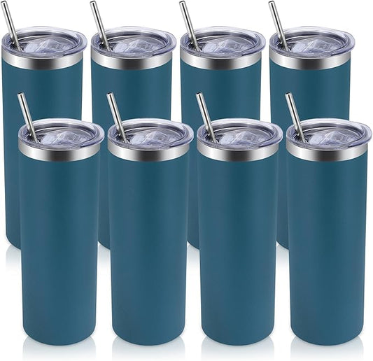 Volhoply 8 Pack Skinny Tumblers with Lid and Straw, 20oz Stainless Steel Straight Tumbler Bulk, Vacuum Insulated Coffee Mug for Home, Office, Travel, DIY (Dark Green,8 Pack)