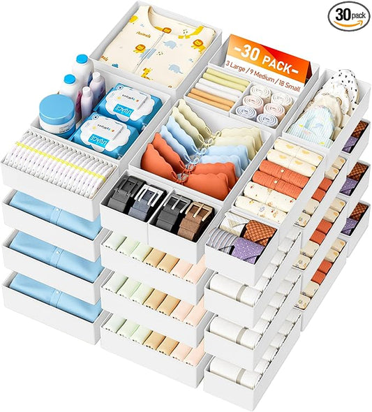 DIMJ Drawer Organizer Clothes- 30 Pack Baby Dresser Organizer for Nursery, Small Fabric Closet Drawer Organizer Bins for Underwears Socks, Foldable Storage Dividers Organization for Bedroom
