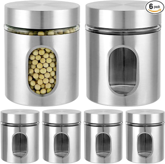 QWORK 6 Pack 20 oz Stainless Steel Glass Kitchen Canisters Set, Airtight Food Storage Containers with Window, for Flour Cookies Spices Grains